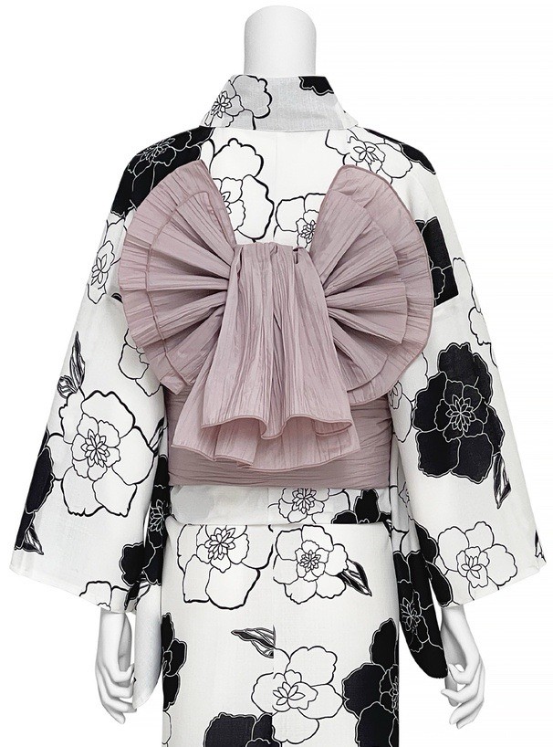 Modern Japan Yukata 3pc Set Women Monotone Peony Cotton-Linen Feel Bow Obi New