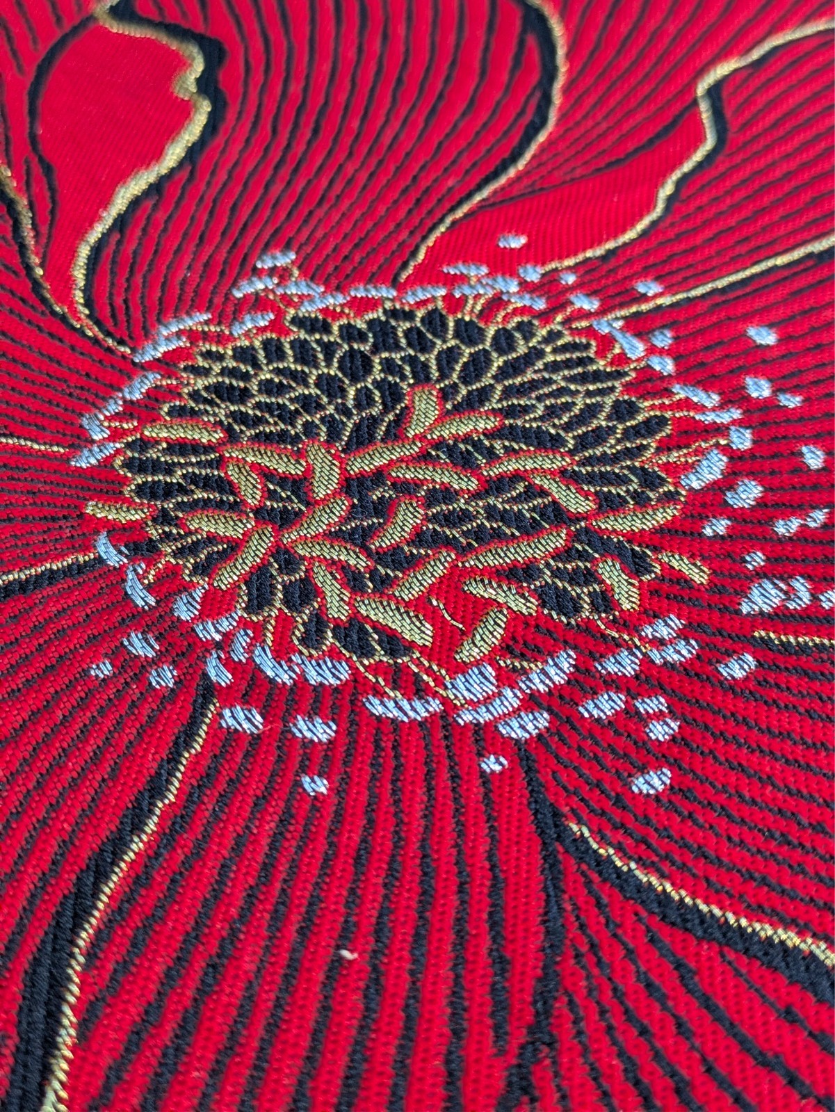 Authentic Japanese Kimono Silk Furisode Obi Red Gold Silver Floral Textile Art