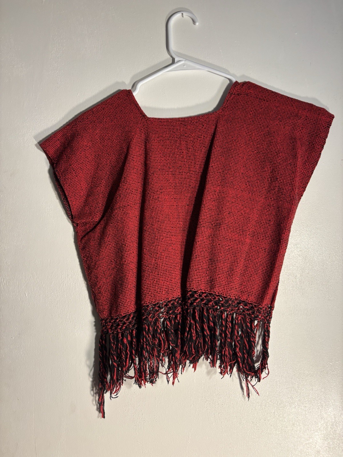 Handmade Red Cotton Latin American Poncho with Fringe for Unisex Adults
