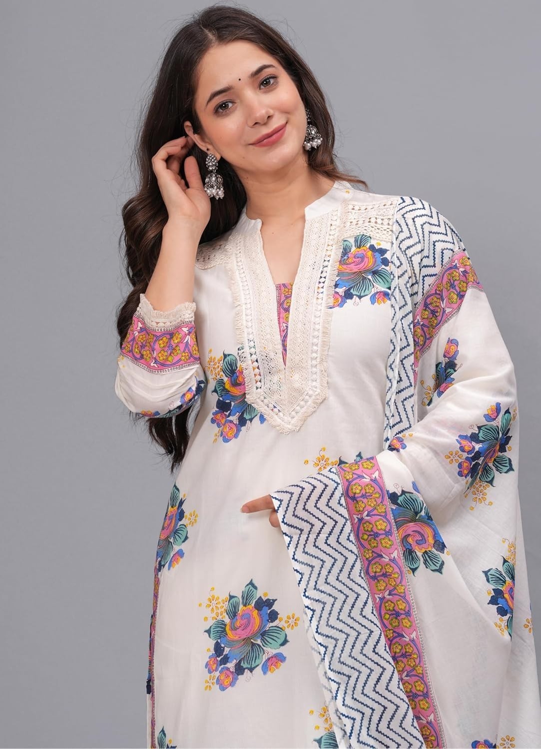 Women’s Pure Cotton Printed Straight Kurta Set with Palazzo Pants & Dupatta