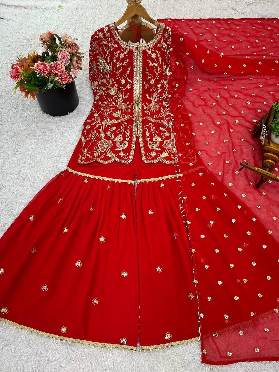 Beautiful Heavy Faux Georgette Red Top Palazzo With Dupatta For Women Function