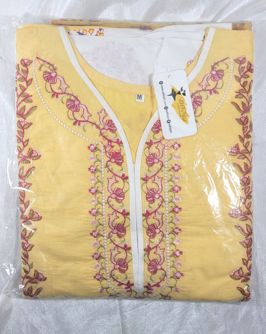 Safistylo Nurgul 3pc Linen Kurta & Pants w/ Chiffon Dupatta Set Yellow Floral -M