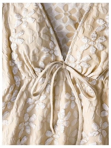 Women’s Short Sleeve V Neck Floral Blouse Tie Front Medium Apricot Floral