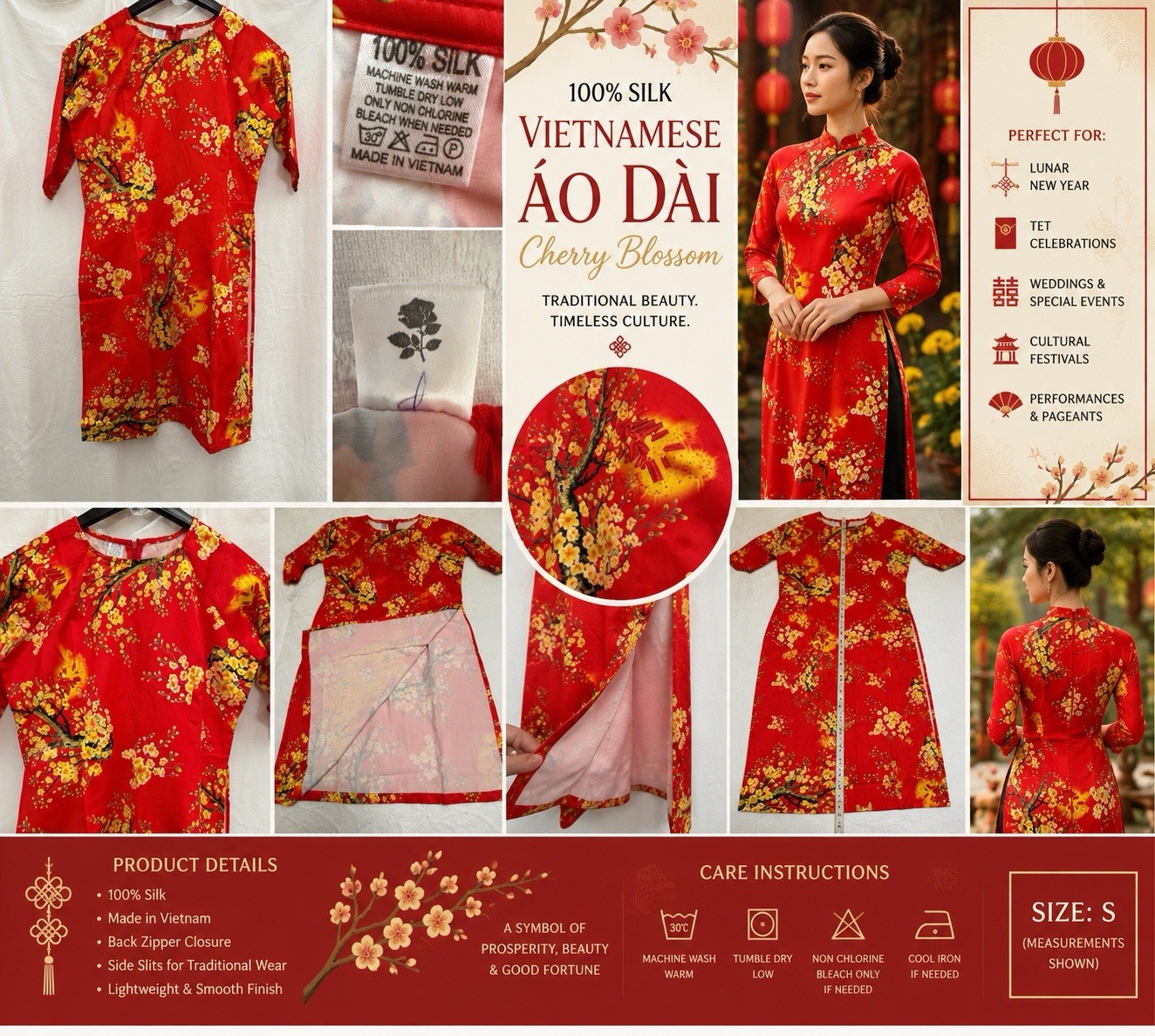 100% Silk Vietnamese Ao Dai Dress Red Cherry Blossom Lunar New Year S Rose Tag