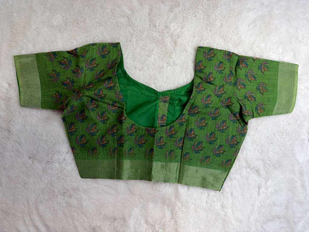Digital Print Linen Saree with gold jari border and with readymade blouse 40-46