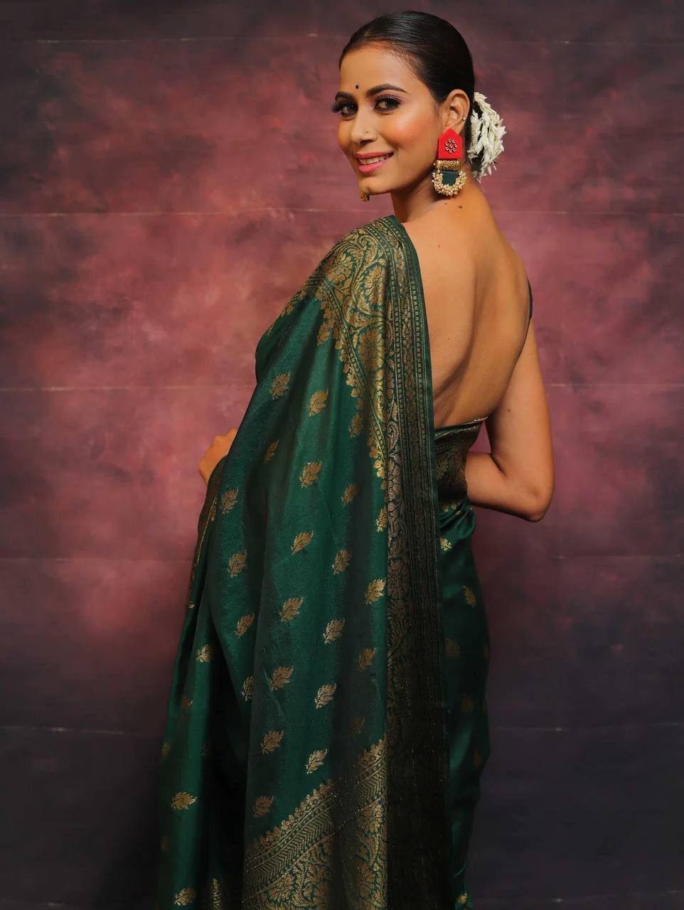 Wedding Wear Green Lichi Silk Saree with Golden Jacquard Pallu & Blouse indian
