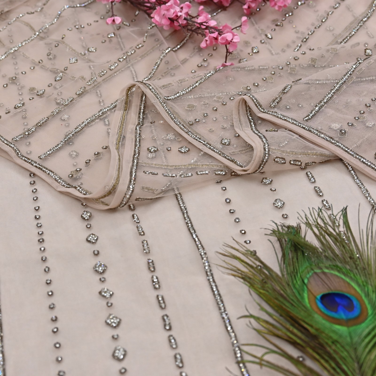 Vintage Pink Net Saree Heavy Hand Embroidery Sari 6 Yards Soft Mesh Fabric