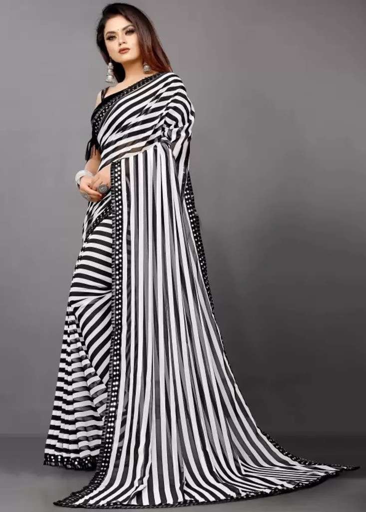 Black White Striped Georgette Saree Women Party Wear Printed Saree