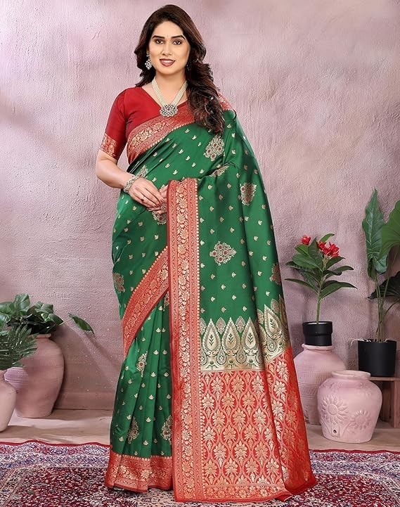 Women’s Banarasi Kanjivaram Cotton Silk Saree With Unstitched Blouse Material