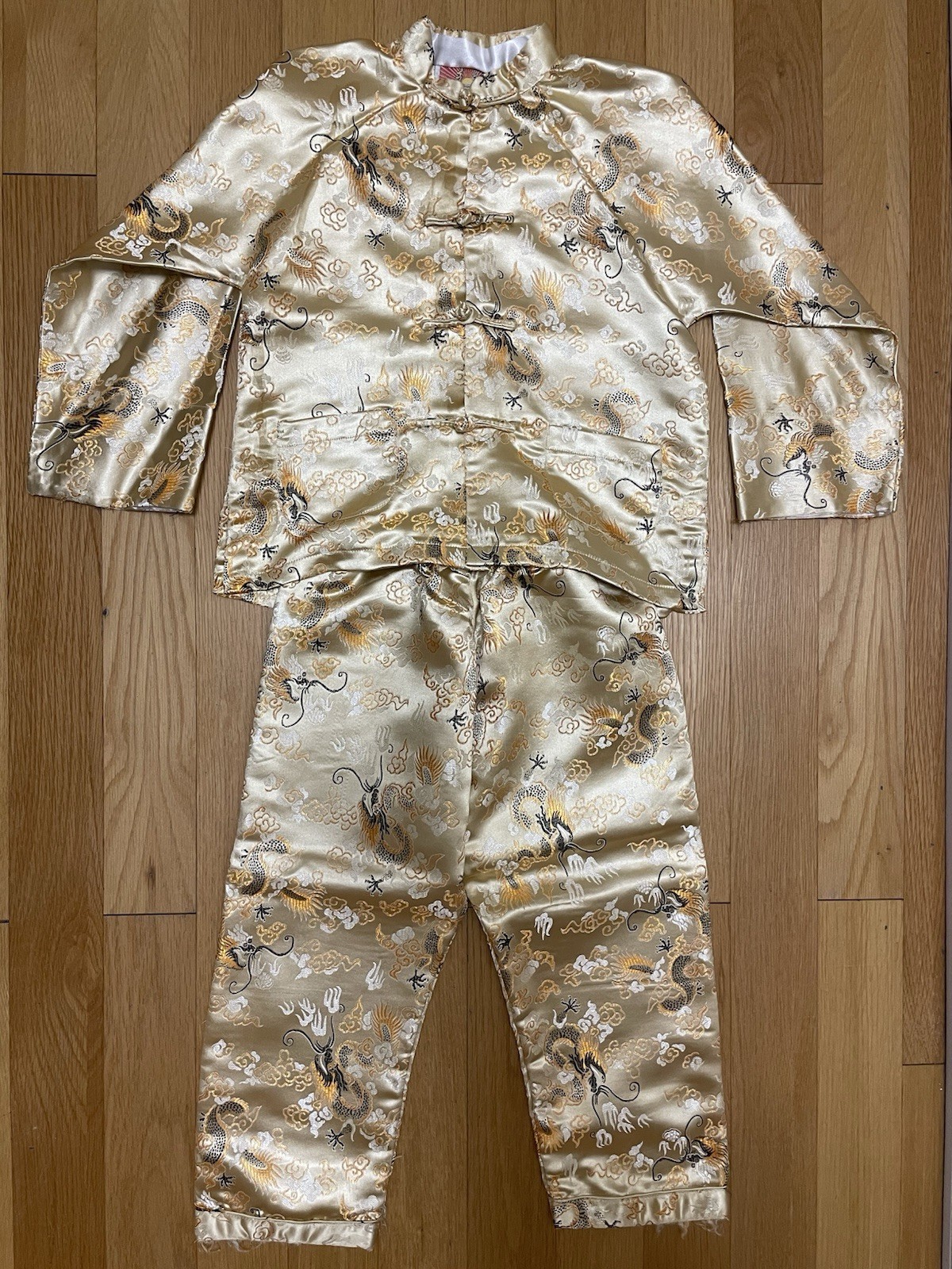Children’s Gold Satin Cheongsam Set Dragon Motif Traditional Asian Outfit