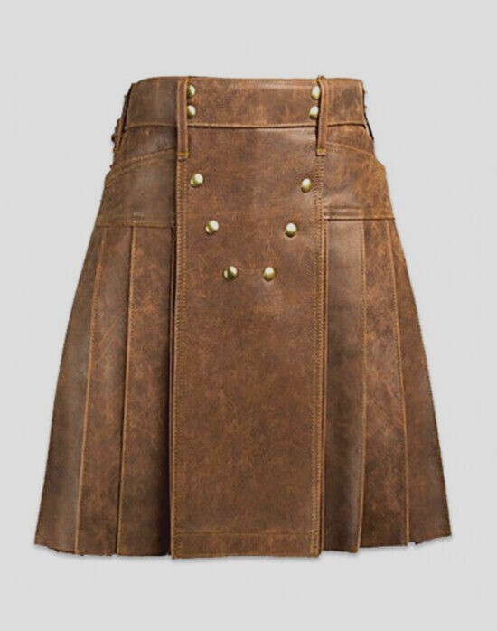 Men’s Real Vintage Leather Pleated Kilt Side Laces&Pocket Clubwear Utility Kilt