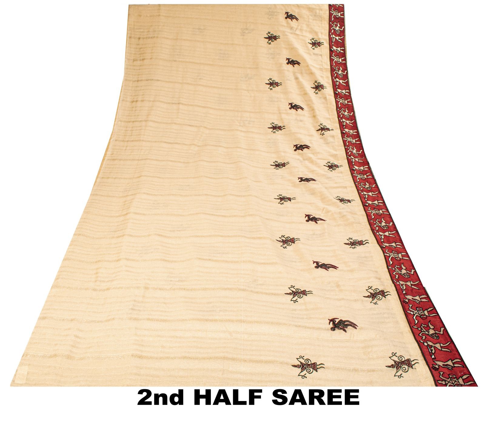 Sanskriti Vintage Cream-Red Saree Art Silk Embroidered Warli Art Sari Fabric