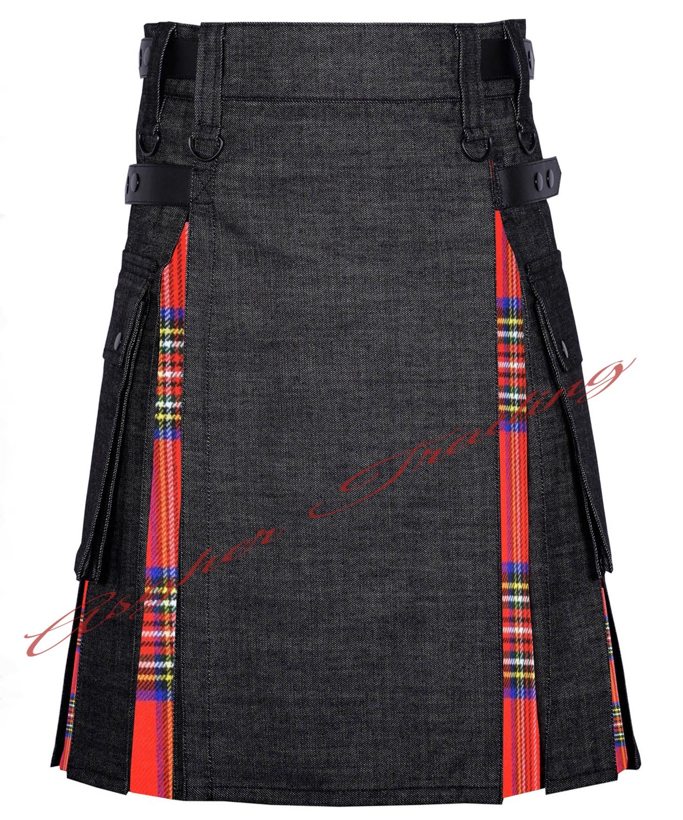 Scottish Black Denim With Royal Stewart Tartan Hybrid Utility Kilt & Custom Size