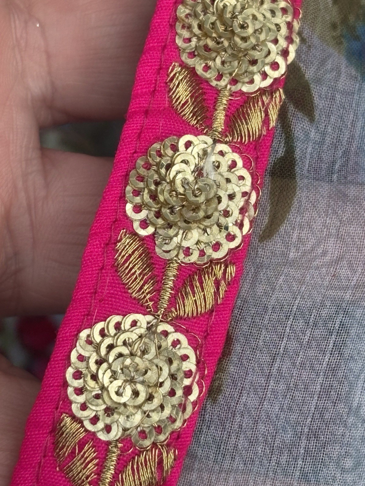 Vintage Indian Silk Saree 6 Yards Floral Chiffon Pink Sequin Gold Gota Border