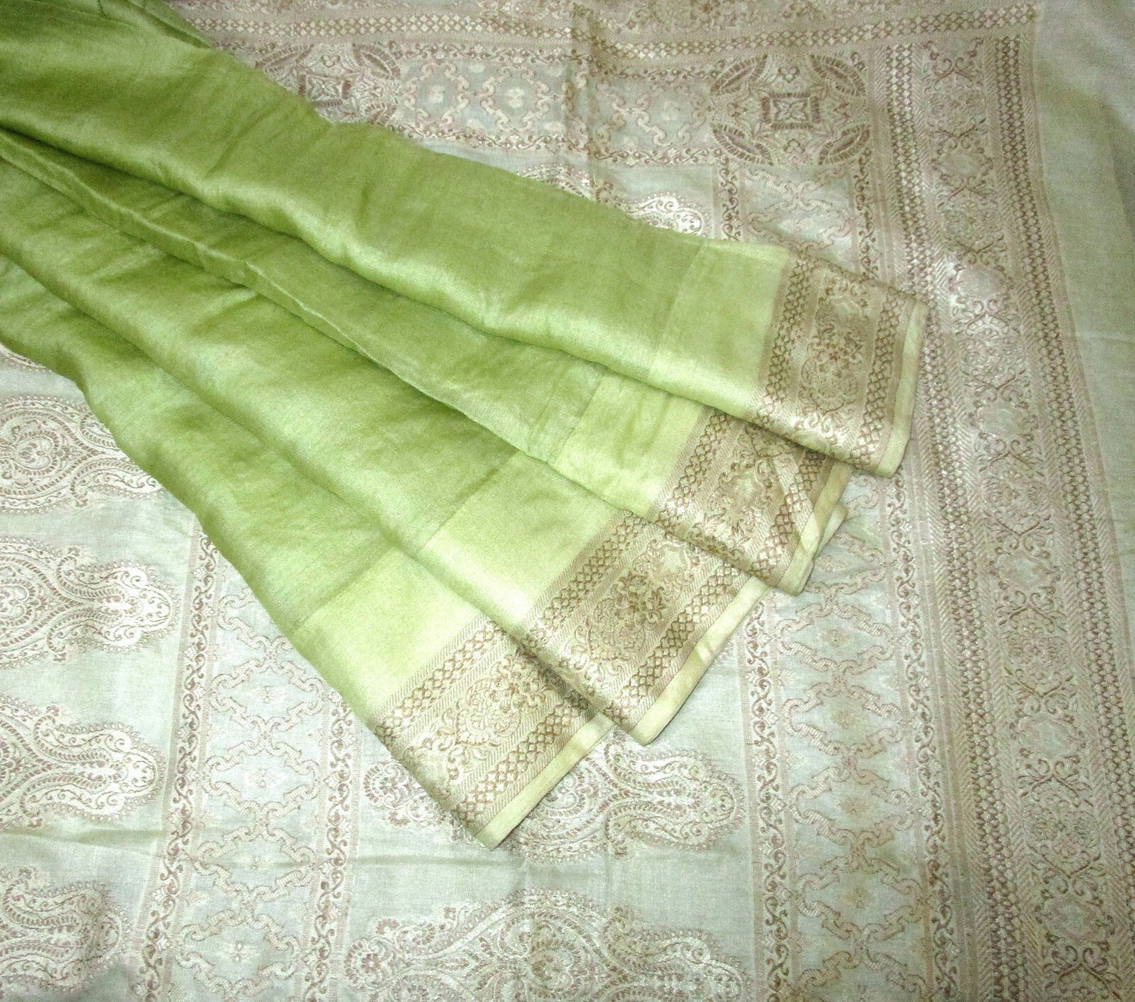 BVH WEARABLE PURE SILK Vintage Sari 5yds 22July9904 X13 E653 Pista Cream #ABCKB