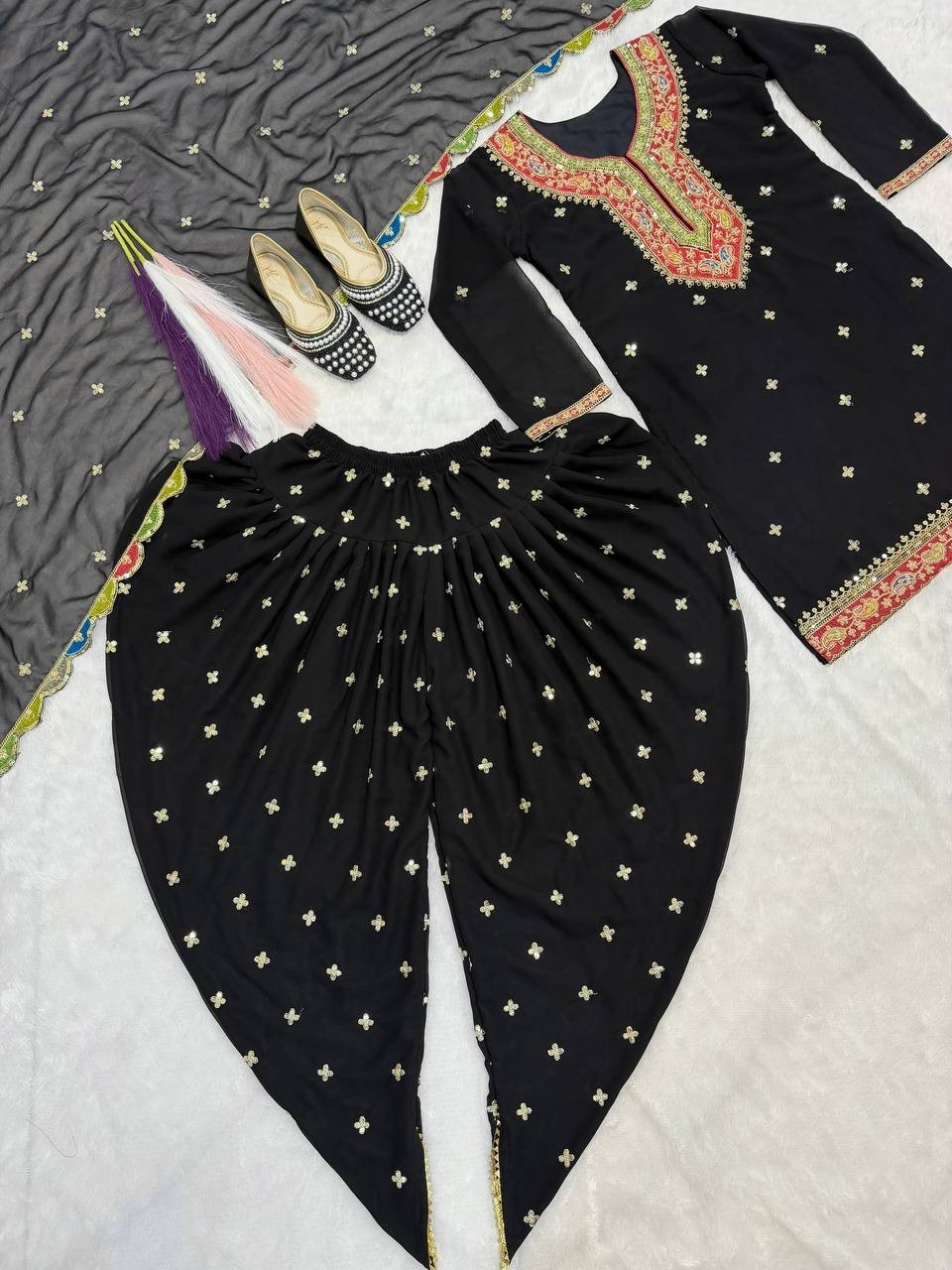 Fashionable Heavy Faux Georgette Black Top Dhoti With Dupatta For Women Wear
