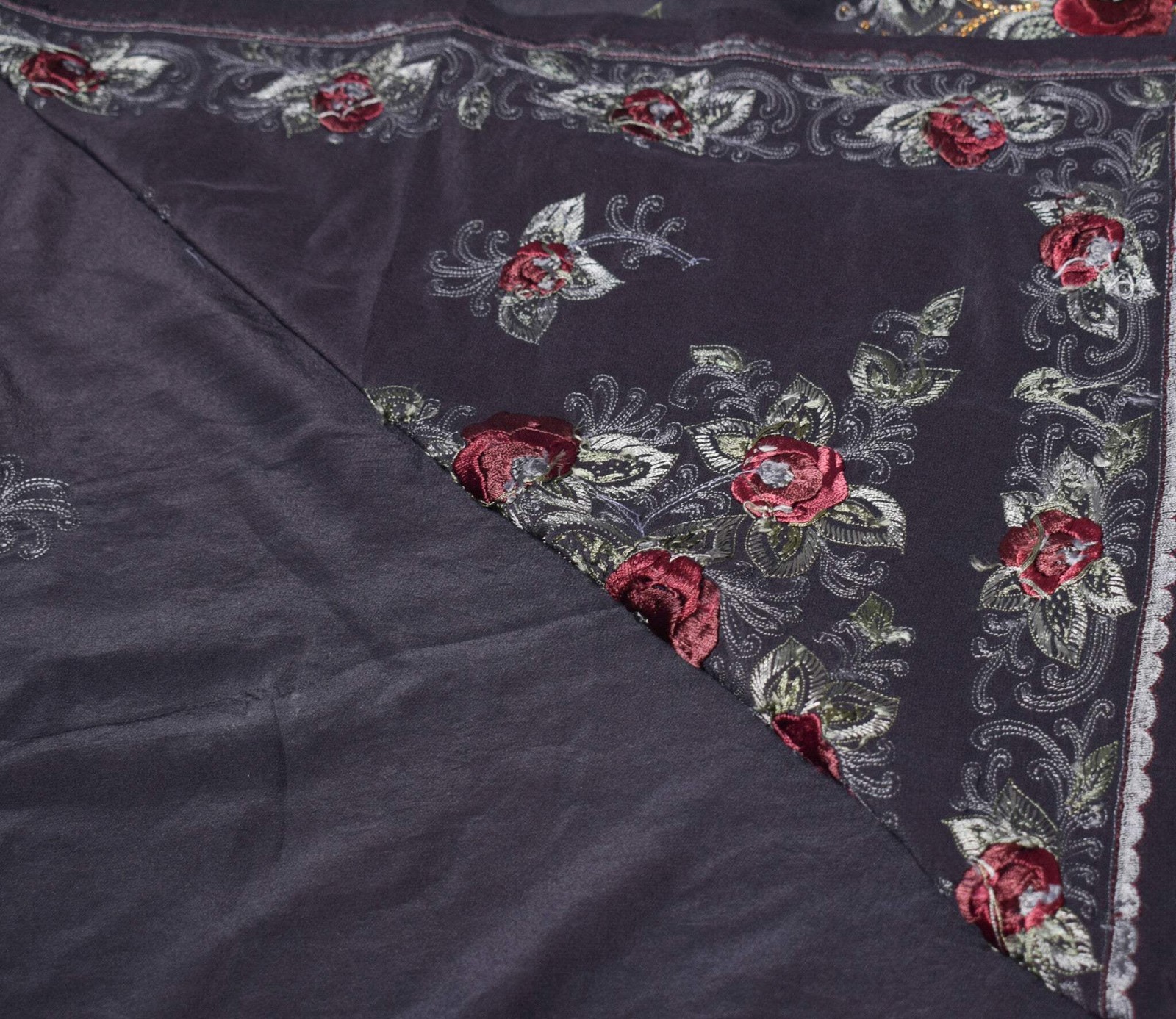 Sushila Vintage HEAVY Black Saree Pure Crepe Silk Hand Embroidered Sari Fabric