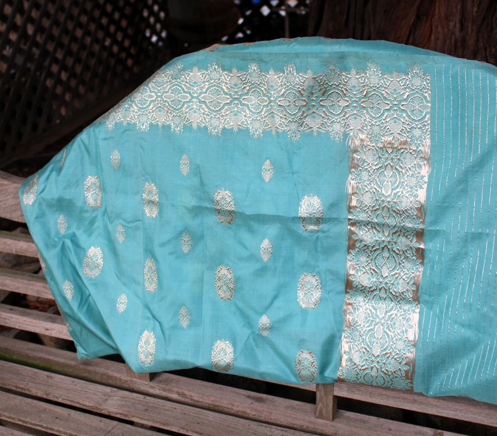 Unused Hand Woven South Asian Sky Blue Silk Sari with Silver Weft Brocade