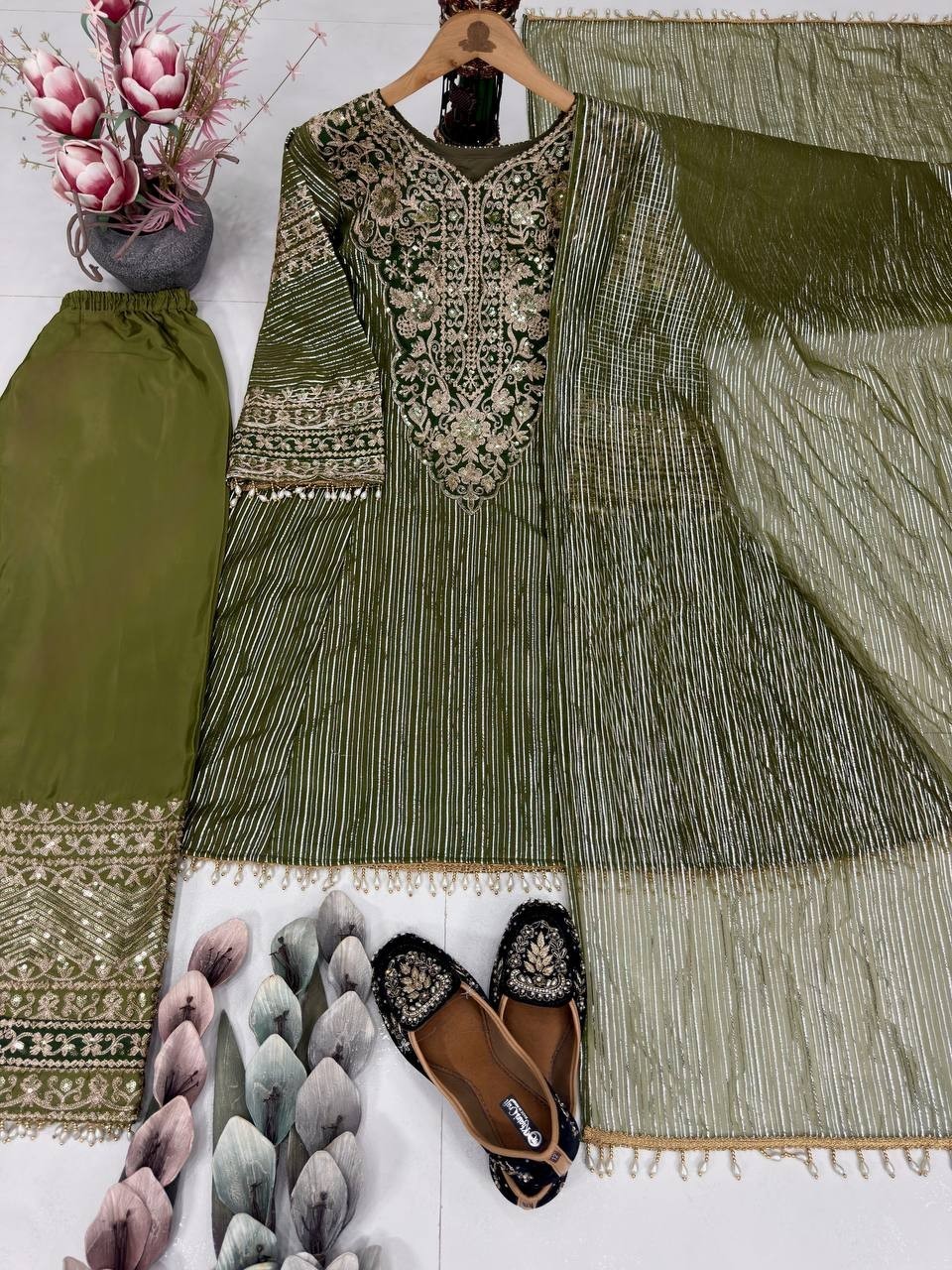 Bollywood Style Naylon Olive Green Salwar Kameez With Dupatta For Reception