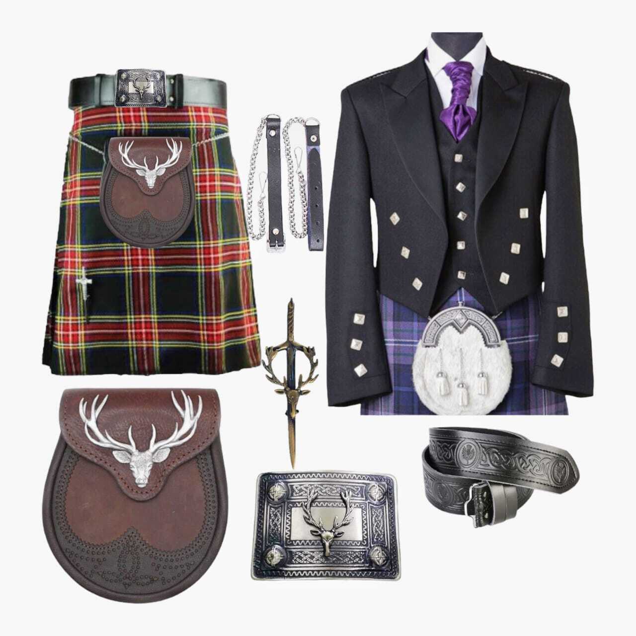 Scottish Men’s Kilt Outfit With Prince Charlie Jacket Wedding Kilt Staghead Set