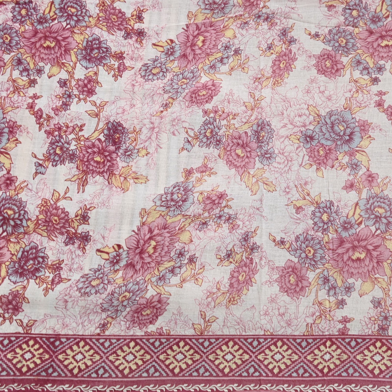Vintage Sari Ivory & Pink Printed Blend Cotton Saree Craft Fabric 5Yd Soft Sewi