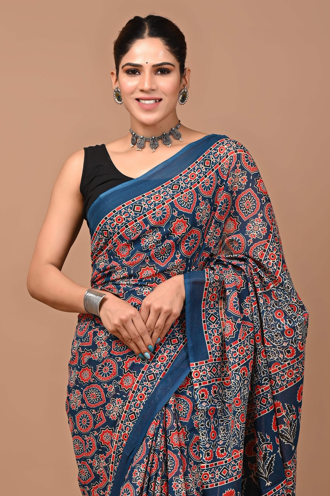 Womens’s Printed Blue Pure Cotton Mulmul Saree With Blouse, 5.50 Meter Sari