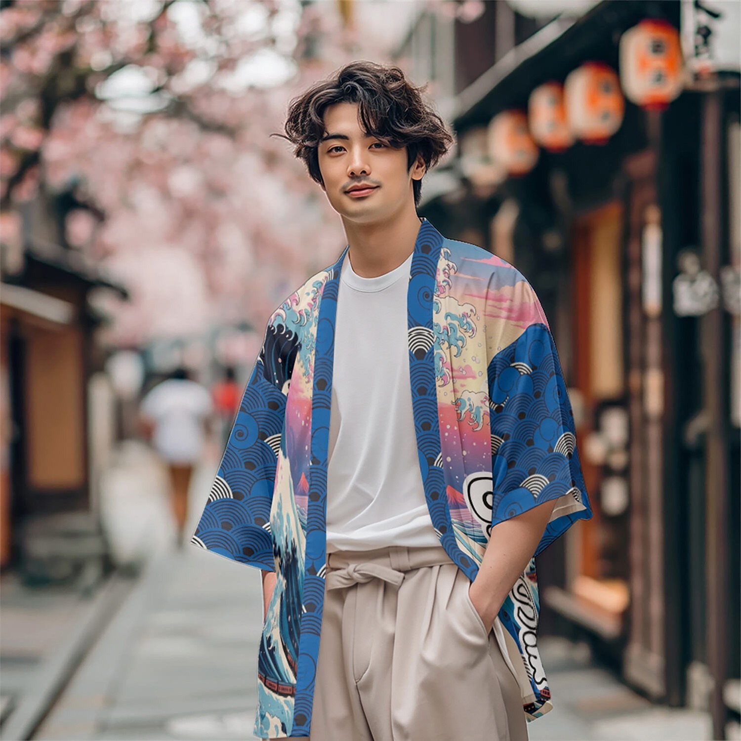 Niepce Men’s Japanese Graphic Lightweight Blue Waves Kimono Cardigan Shirt Top