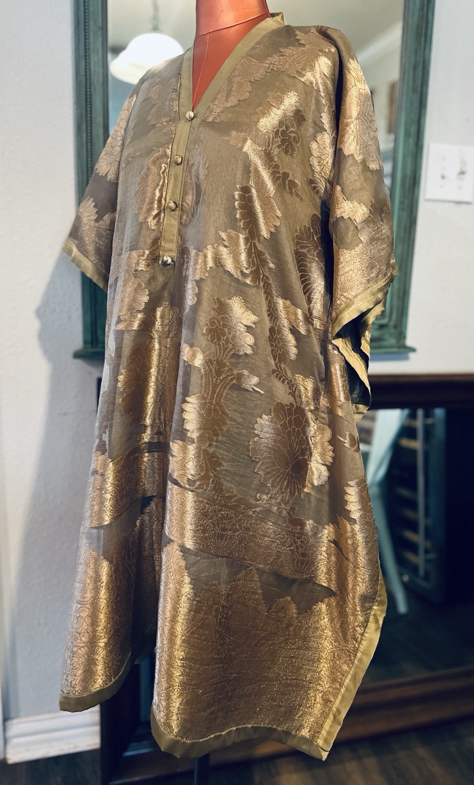 Gold & Beige Floral Pakistani kaftan Tunic Top with Button Neckline