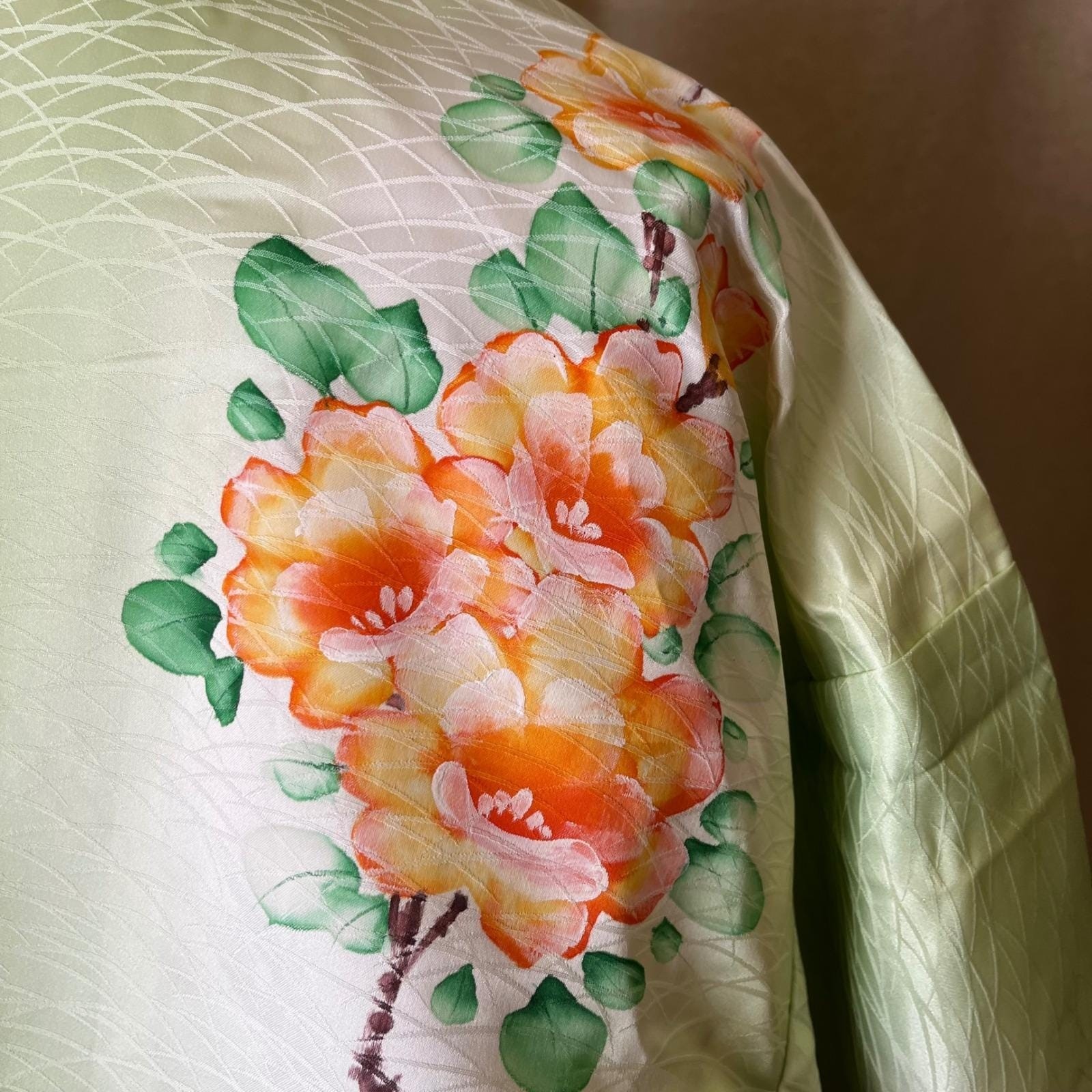 Hand Painted Silk Kimono Mint Green Peony Uchikake Long 63″ OS