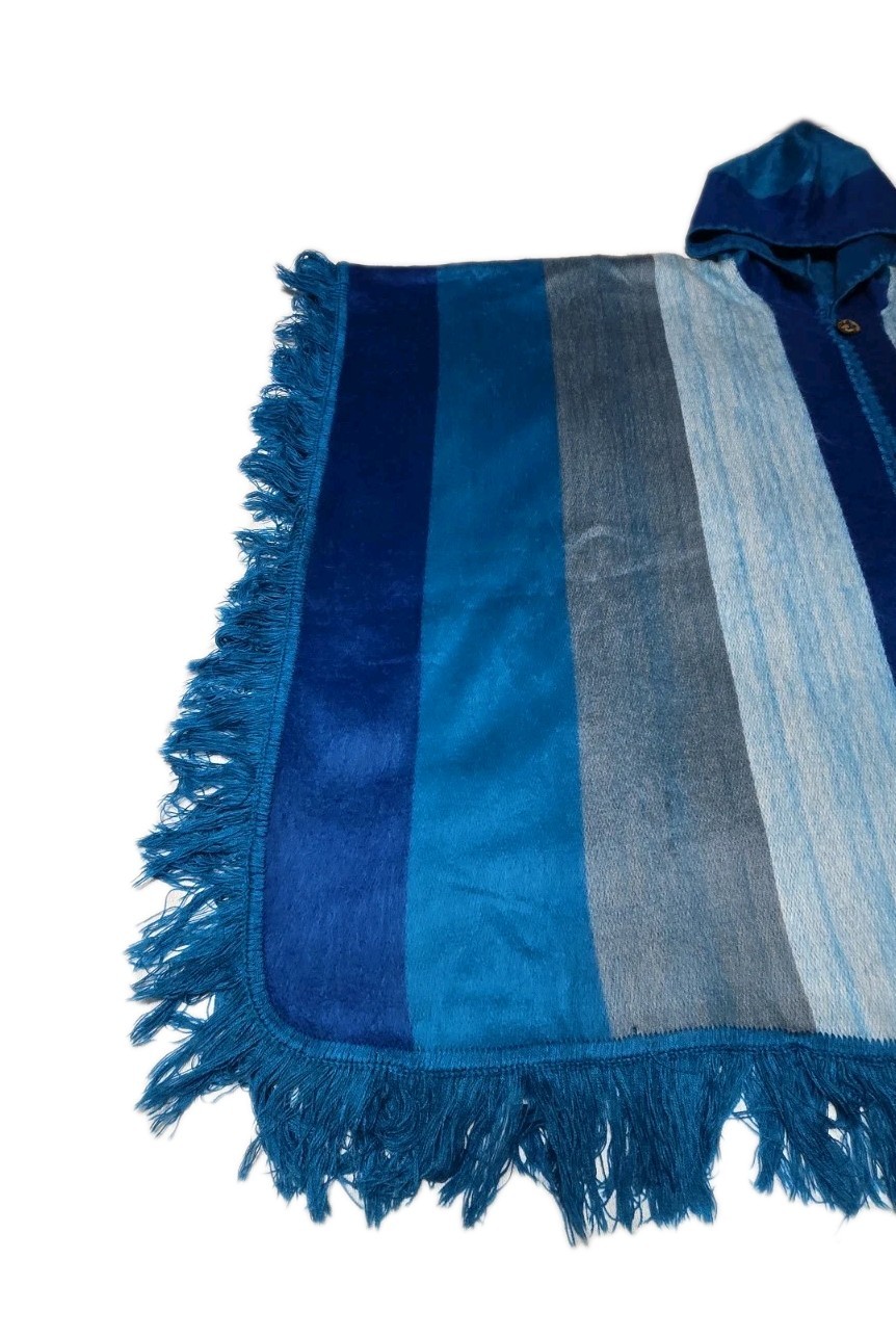 Alpaca Wool Bohemian Unisex Poncho Shades Of Blue Hooded Hand Woven From Ecuador