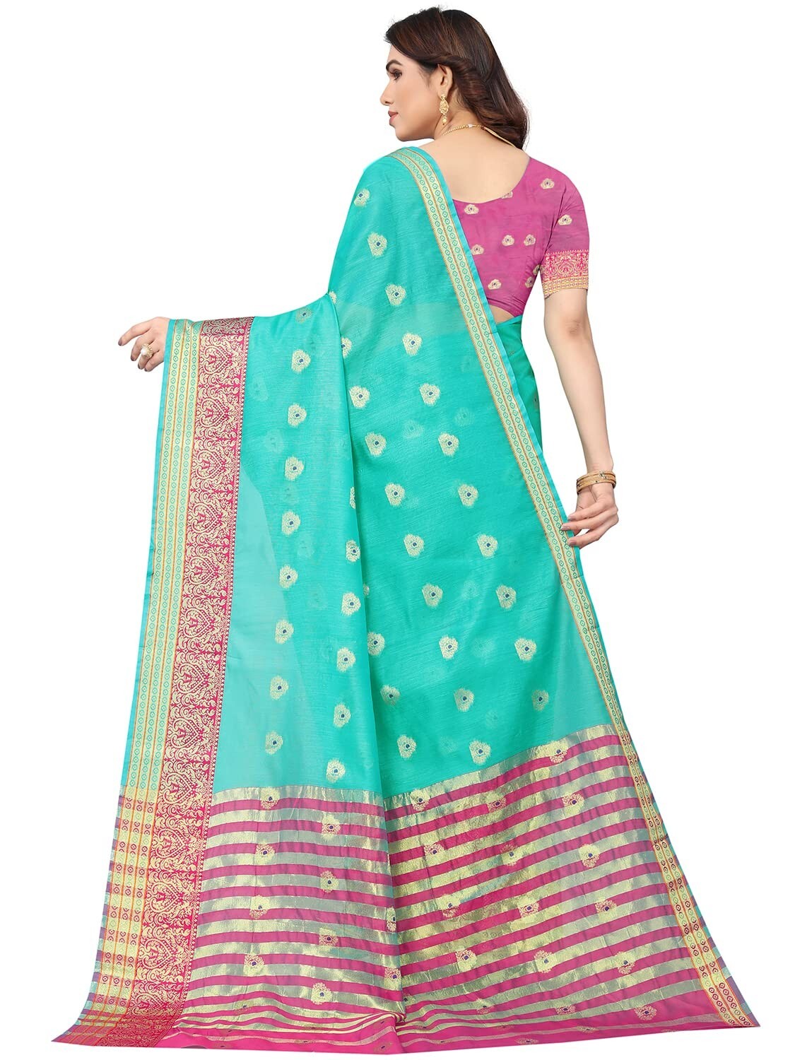 Women’s Jacquard Cotton Blend Golden Zari Woven saree with Running Blouse Piece