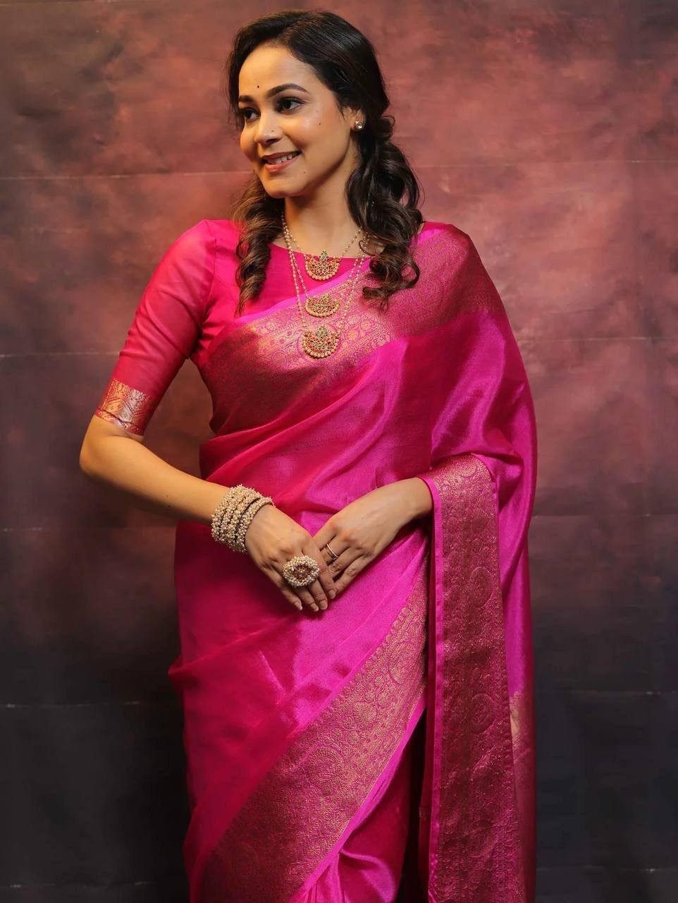 Indian Elegant Pink Lichi Silk Saree With Rich Jacquard Border & Contrast Blouse