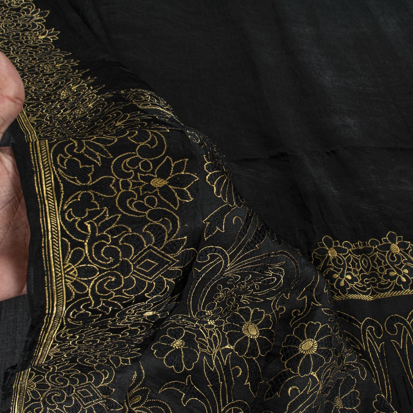 Sanskriti Vintage Black Pure Satin Saree Banarasi Brocade Zari Hand-Woven 6+Yd