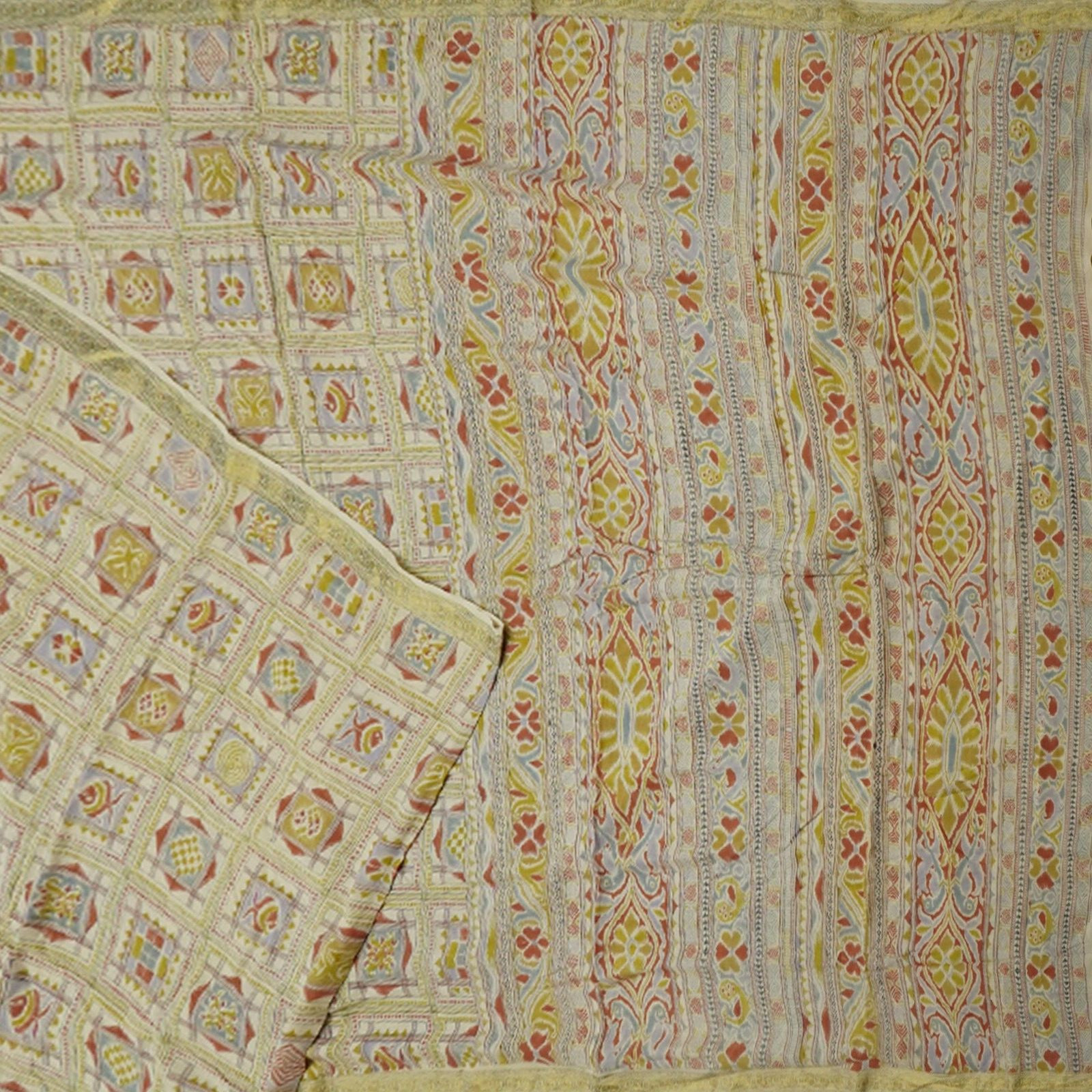 Vintage Brown Sarees 100% Pure Crepe Silk Printed Zari Border Sari 6YD Fabric