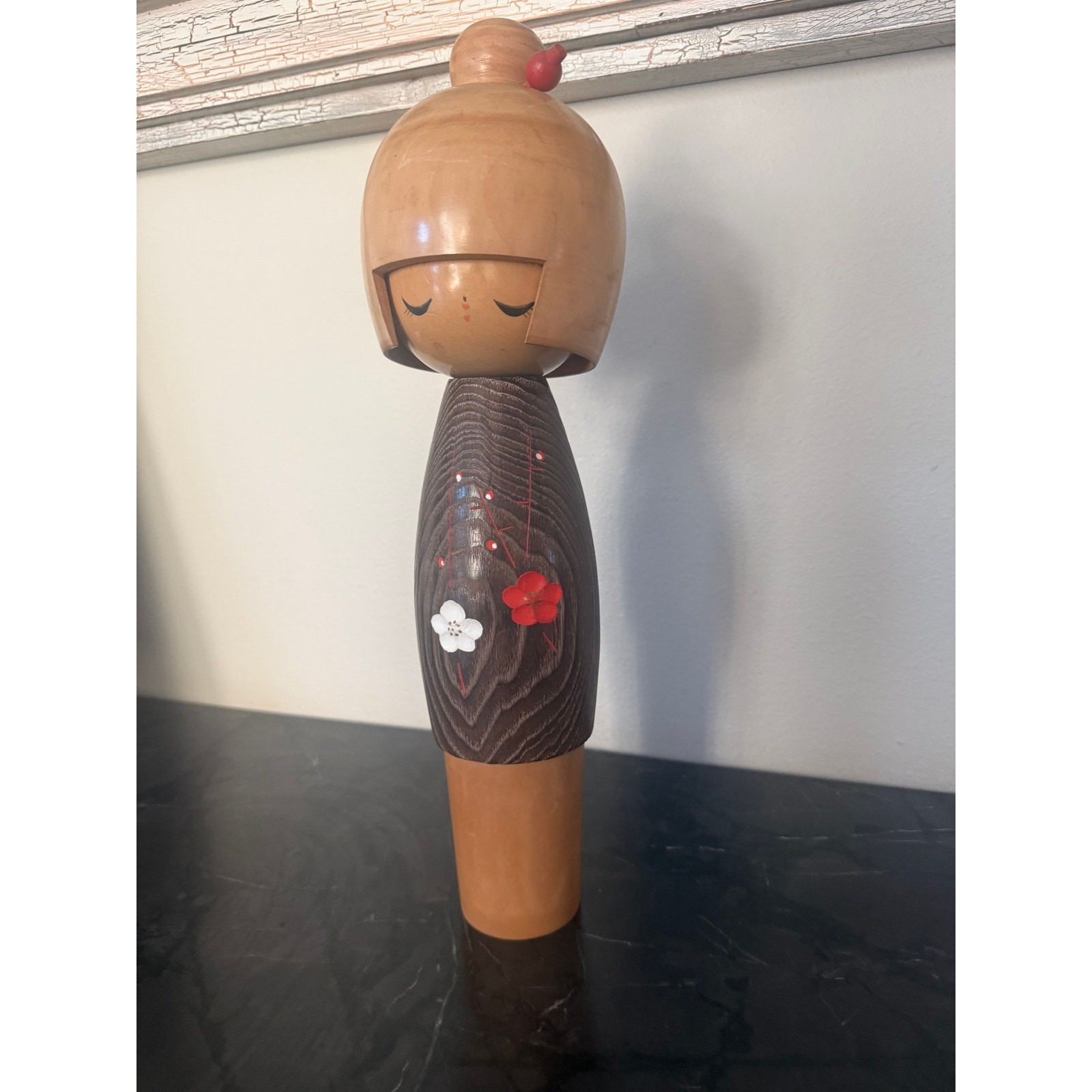 Large 16” Japanese Kokeshi Wooden Doll Cherry Blossom Hand Painted Decor