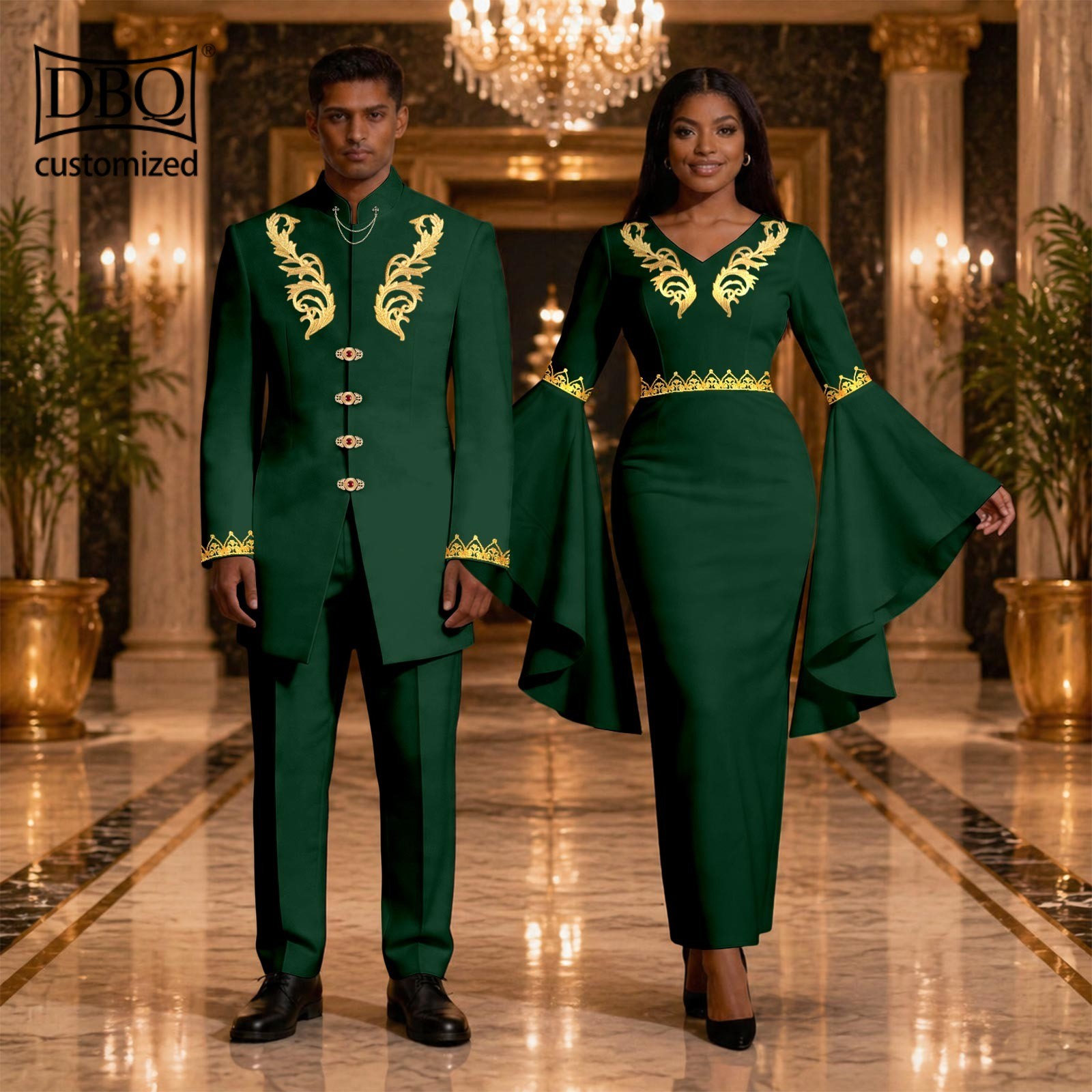 African Couple Wedding Clothes Tailor Made Men’s Jacket Pants Set Women Dress