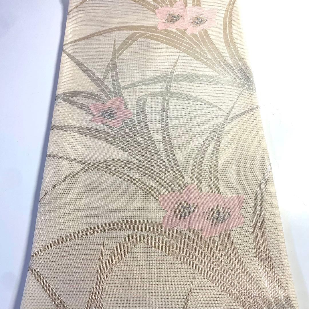 Japanese Silk Summer Ro Fukuro Obi Beige Gold Pink Floral 436cm