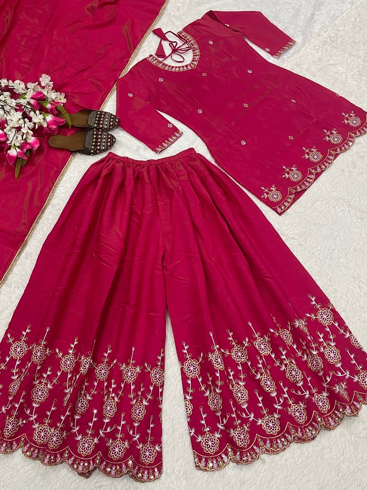 New Latest Heavy Simmer Silk Pink Top Palazzo With Dupatta For Wedding Wear