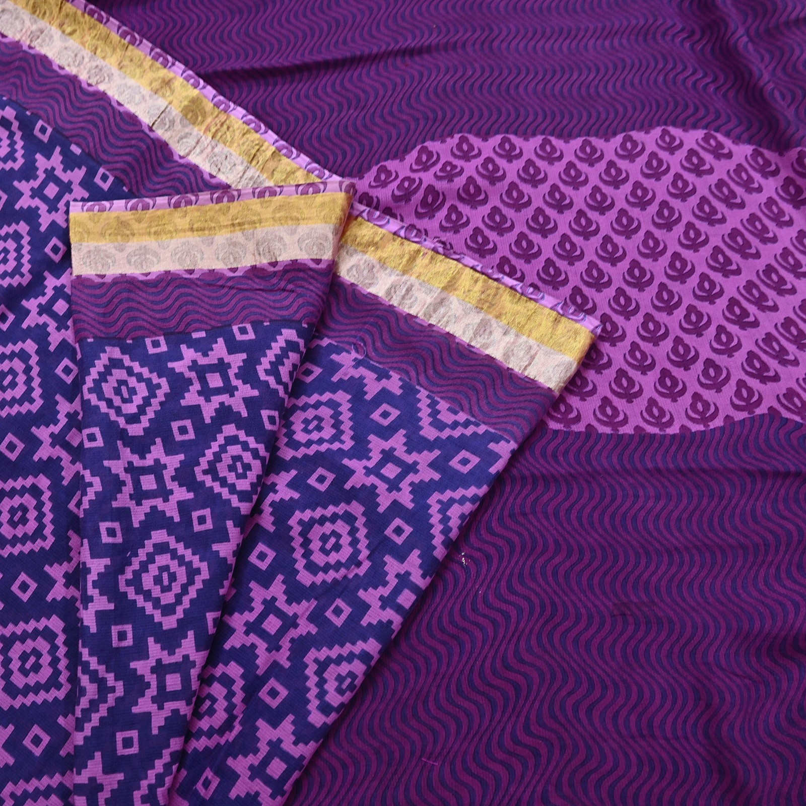 Indian Vintage Sari Blue & Purple Printed Pure Cotton Sarees Craft Fabric 5Yd