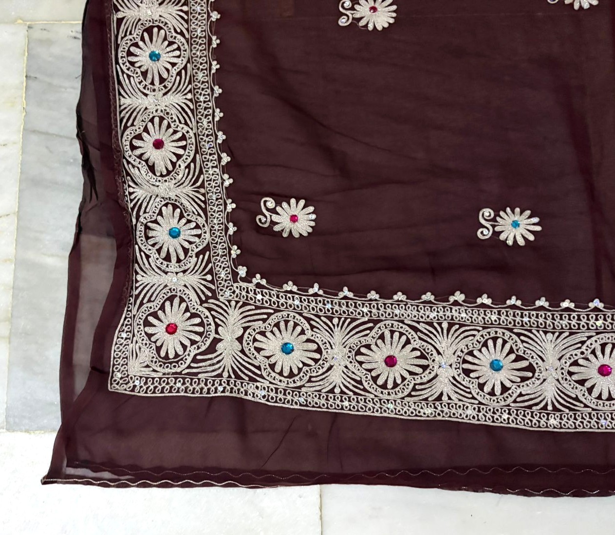 Embroidered Brown Dress Indian Vintage Georgette Recycled Fabric Saree Drape