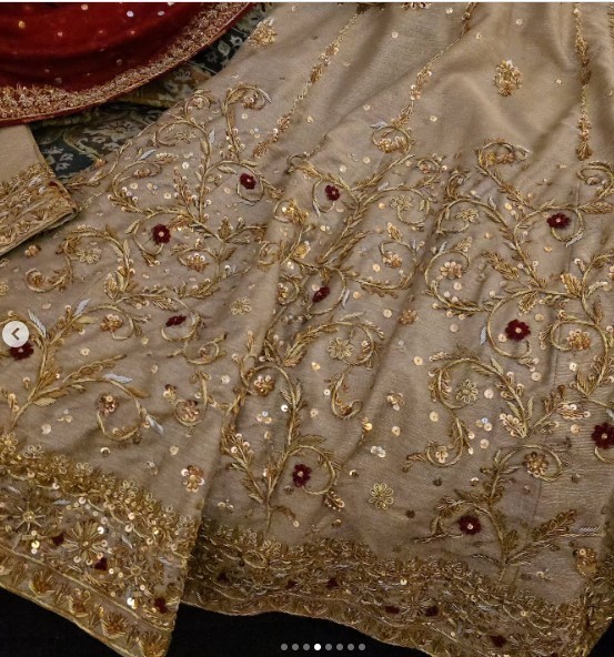 Elegant Handworked Kameez Set with Lace Border Dupatta in Deep Maroon & Beige