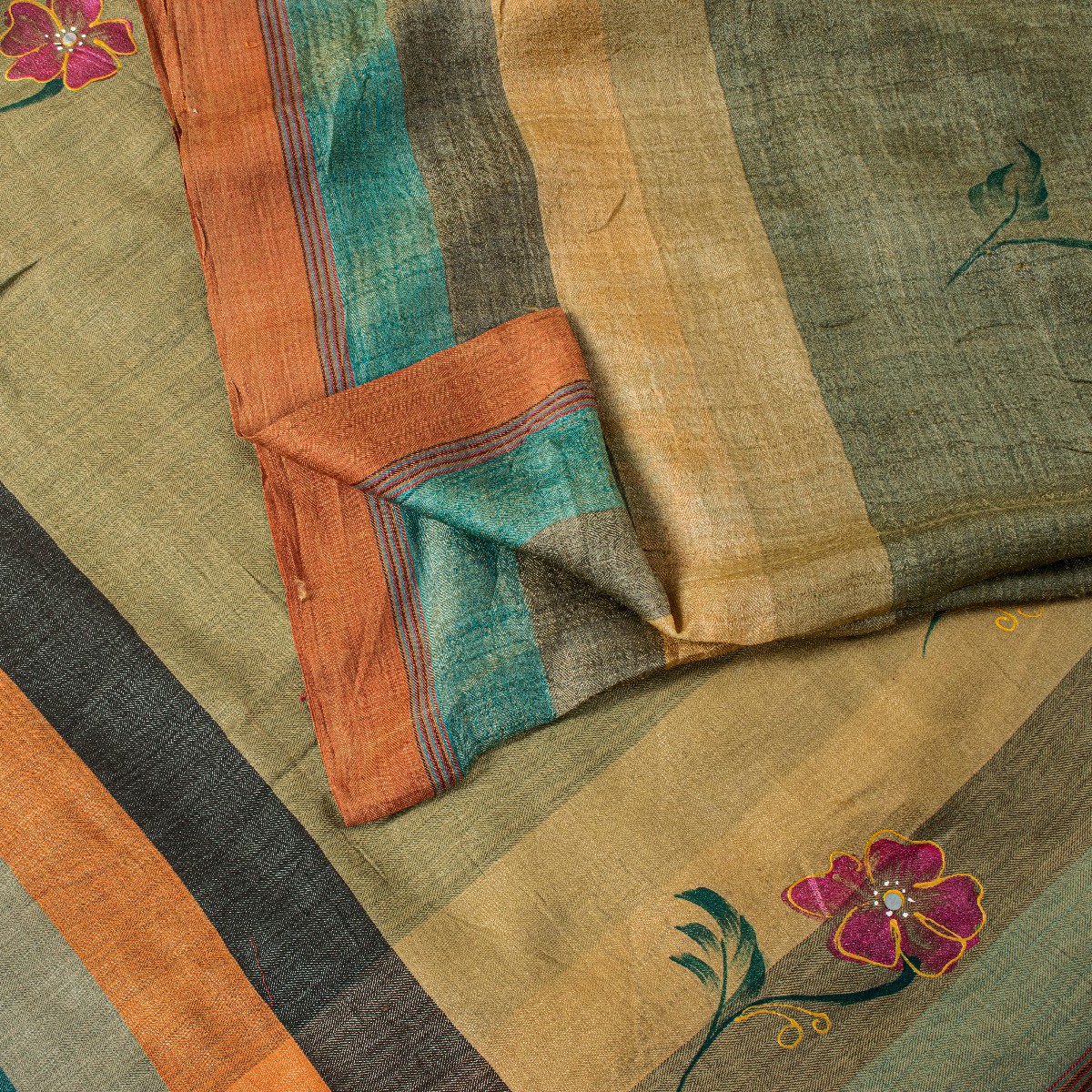 Sanskriti Vintage Green 100% Pure Woolen Saree Hand Paint Sari 6+Yd Craft Fabric