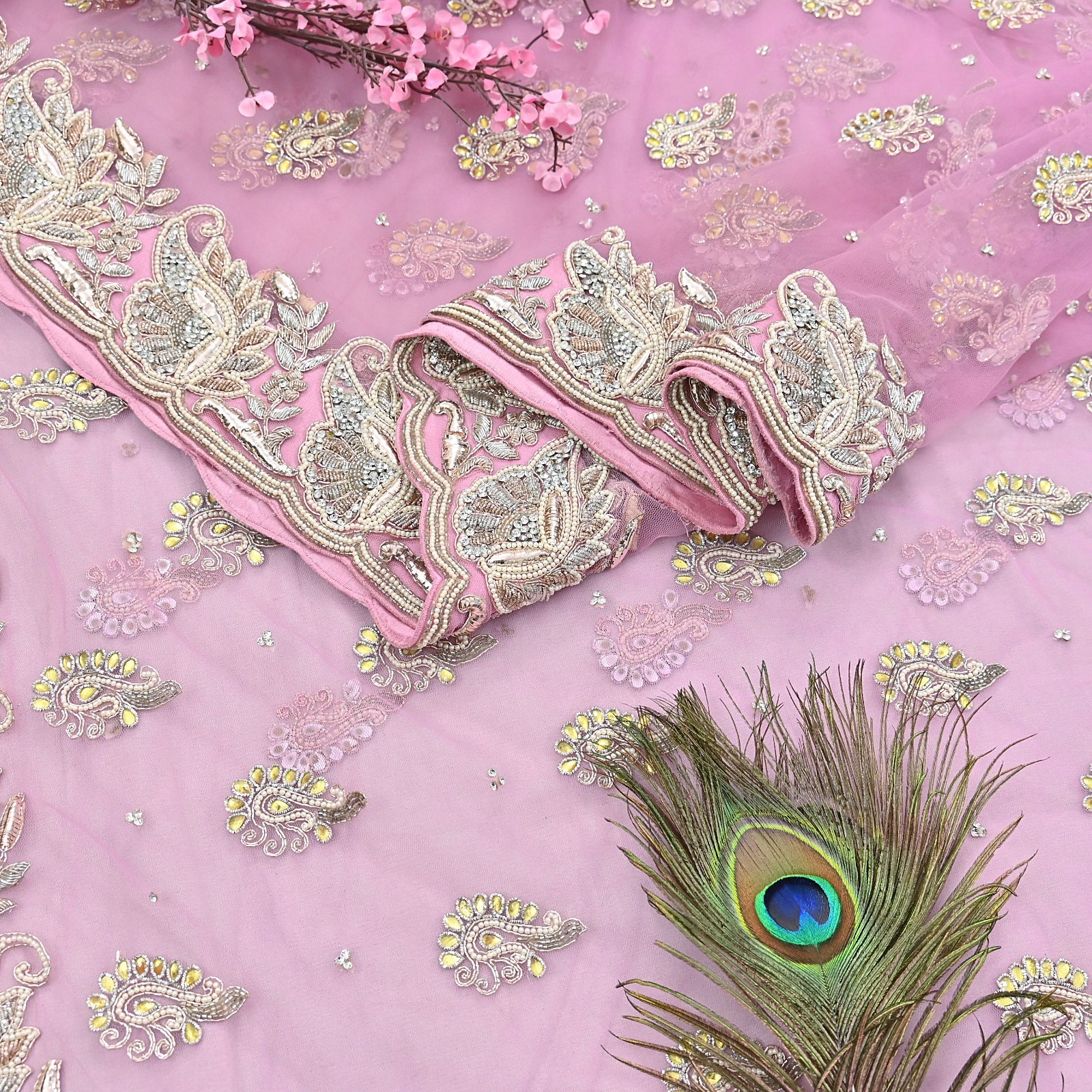 Indian Vintage Sari Pink Net/Mesh Hand Embroidered Anamika Khanna Designer Saree