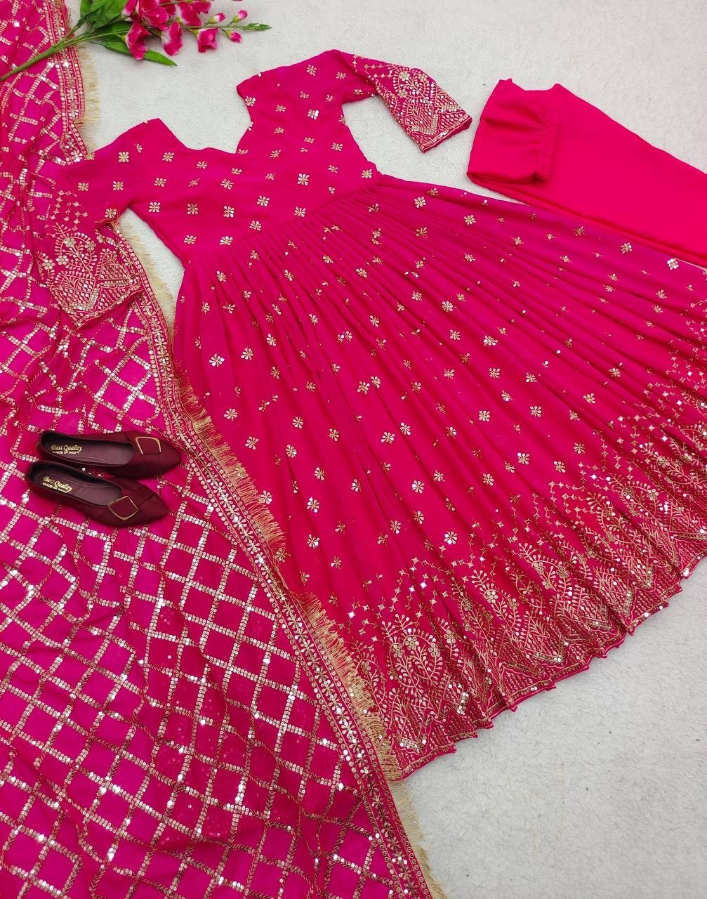 Heavy Faux Georgette Pink Gown Bottom With Dupatta For Functional Wear