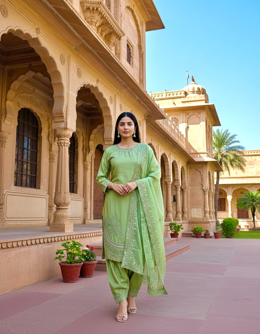 Collection Pur Natural Crepe Readymade Parrot Top Palazzo With Dupatta For Women