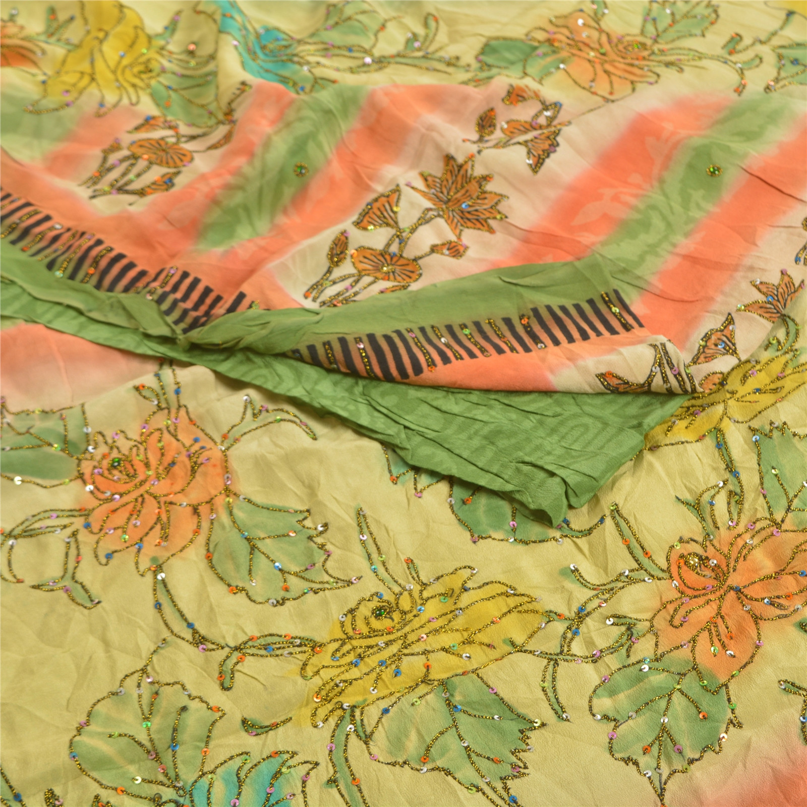 Sanskriti Vintage Sarees Green Hand Beaded Pure Crepe Silk Sari 5Yd Craft Fabric