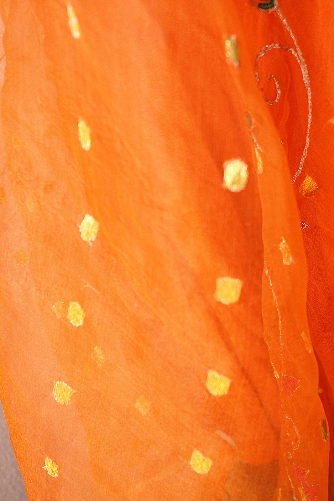 Ethnic India Hippie BOHO Skirt M Orange Organza Golden Polka Dot Embroidered #03