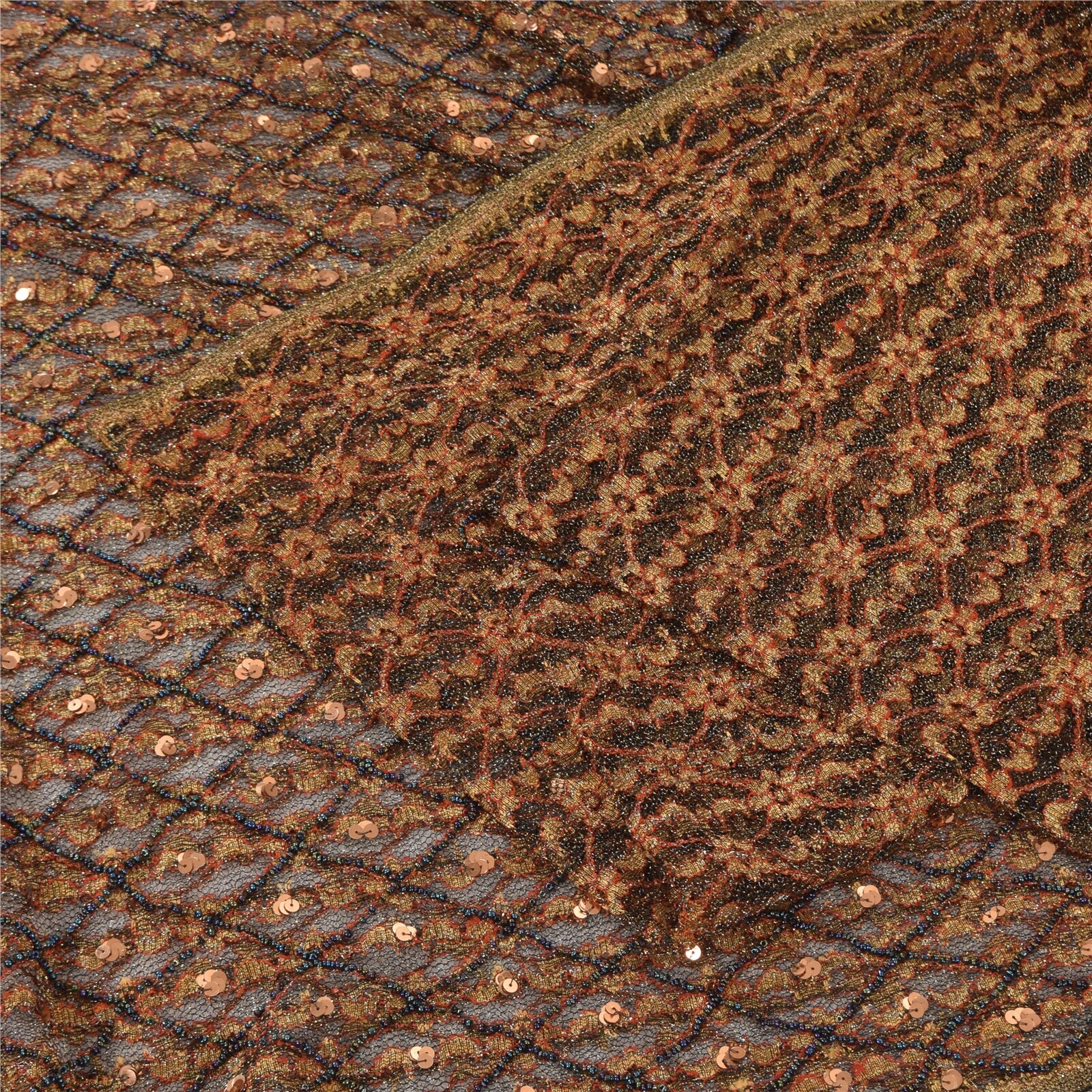 Sanskriti Vintage Sarees Net Mesh Hand Beaded Woven Bollywood Sari Craft Fabric