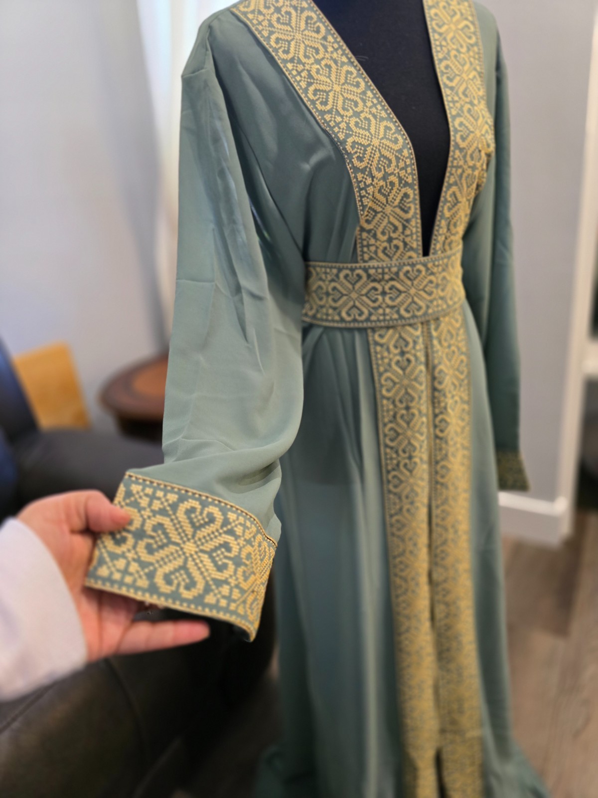 Embroidered Chiffon Abaya with Tatreez Embroidery and belt Palestinian Jordanian