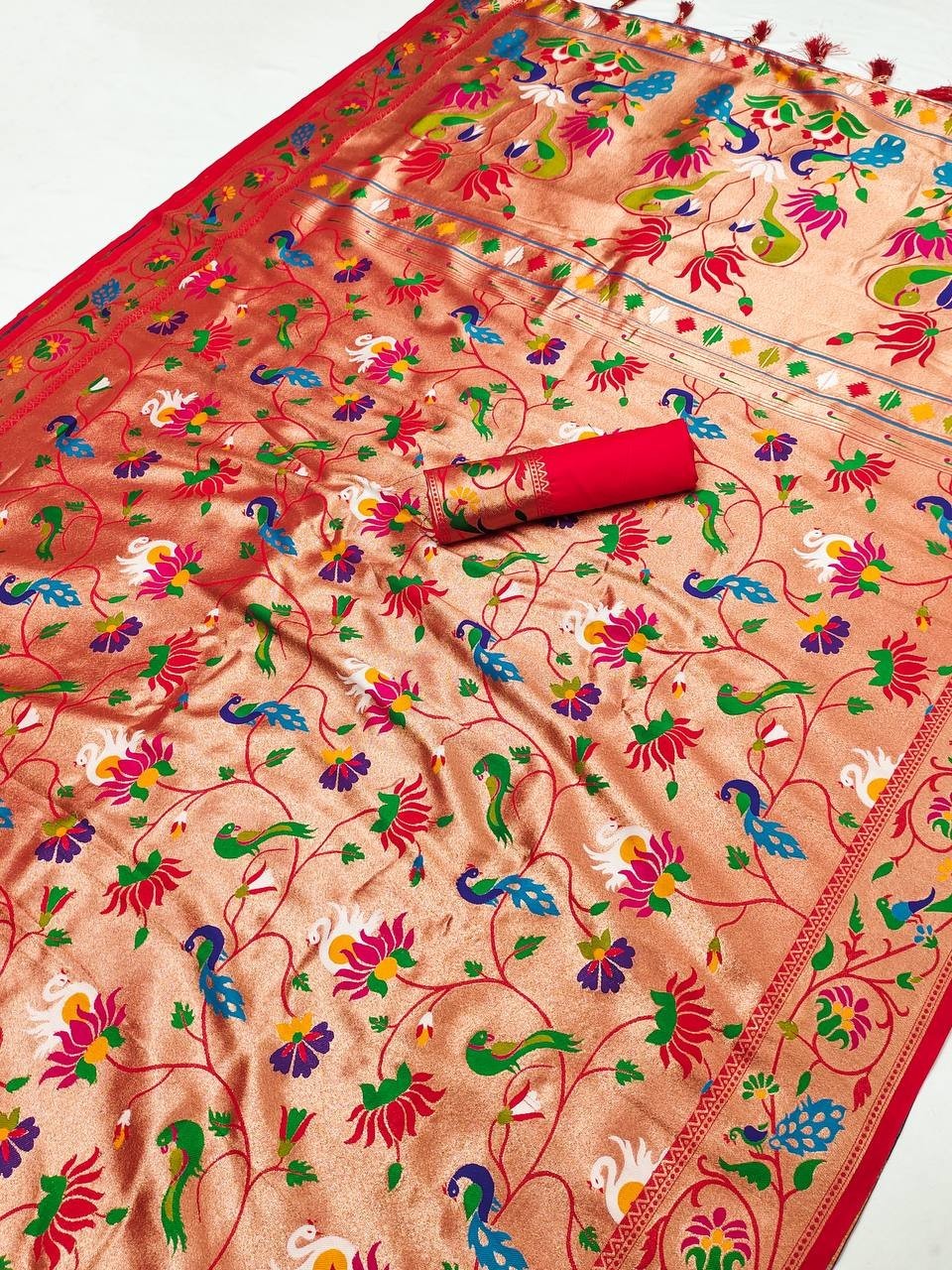 Launching Designer Soft Paithani Silk Saree With Red Blouse For Function Wear